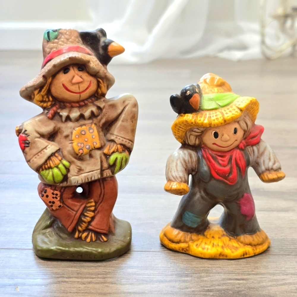 Handpainted 1980's Set Of 2 Ceramic Scarecrows Fall Art Decor Farmhouse